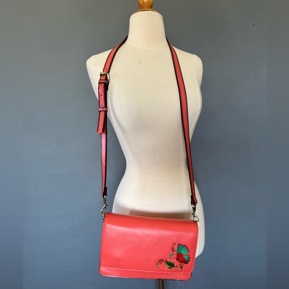 Patricia Nash Leather Crossbody Bag – Coral Red with Embroidered Butterfly - Picture 1 of 15